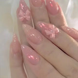 24Pcs Cat Eye Press on Nails with Almond Head Bow Diamond Stick on False Nail Sweet Pink French Full Cover Artificial Nails Tips