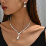 Luxurious Crystal Necklace Earrings Set Water Drop Pendant Clavicle Chain Party Jewelry Accessories for Women Wedding Bride