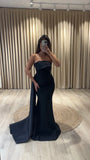 Elegant Formal Evening Dress 2025 Arabic Mermaid Party Dress With Draped Train Strapless Customized Birthday Prom Dress