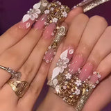 24Pcs Gold Flower False Nails Simple with Rhinestones French Design Wearable Fake Nails Full Cover Press on Nails Tips Art