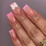 24Pcs Mid Long Pink Leopard Fake Nails with Bow Design Press on Nails Square Wearable French False Nail Full Cover Manicure Tips