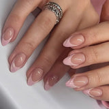 24Pcs Short Press on Nails with Almond Head Full Cover Silver Edge False Nails Nude Pink Glossy Artificial Nails for Girls Daily