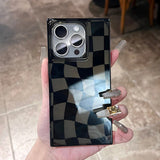 Rectangular Edge Black Twisted Chessboard Phone Case For iPhone 16 15 13 14 12 Pro Max Transparent Hard TPU Back Cover