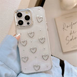 Fashion Metal Silver Love Heart Epoxy Glitter Case For iPhone 16 Pro Max 15 13 12 11 14 Plus Clear Bling Shockproof Phone Cover