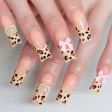 Pink French Style Fake Nails 3D Bowknot Designs Short Square Press on Nails Sweet Korean Fashion False Nails for Women and Girls