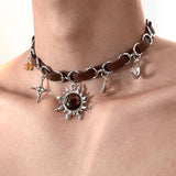 Punk Charm Aesthetic Crystal Sun Pendant Necklace Leather Korean Fashion Cross Choker Vintage Accessories Necklace Women Jewelry