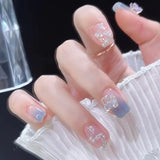 24Pcs Press on Nails Ice Transparent Butterfly Medium Fake Nail Tips Full Cover Coffin Nails with Butterflies Design Glossy Nail