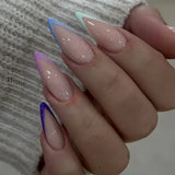 24Pcs Short Press on Nails with Almond Head Full Cover Silver Edge False Nails Nude Pink Glossy Artificial Nails for Girls Daily
