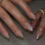 24Pcs Simple French Nails Art Tips Fake Nails 3D Design Wearable Full Cover False Nail Mid-length Almond Reusable Press on Nails