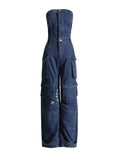 Solid Patchwork Pocket Casual Denim Jumpsuits For Women Strapless Sleeveless High Waist Temperament Jumpsuit Female