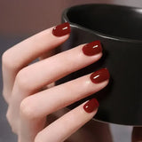 24Pcs Short Solid Color Wine Red Fake Nail Tips with Glue Glitter Square/round Head False Nails Wearable Ballet Press on Nails