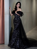 Pisoshare - Dark Bridesmaid Dress One Shoulder Evening Dress Black Luxury Gown Sequins Dress Host Pageant Dress Guest Black Sequin Dress