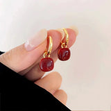 Simple Design Wine Red Love Heart Dangle Earrings for Women Gold Color Circle Vintage Peach Drop Earring Fashion Jewelry