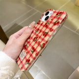 Korean Fashion Cherry Grid Pattern Case For iPhone 16 Pro Max 15 13 14 IMD Silicone Shockproof Protective Phone Back Cover
