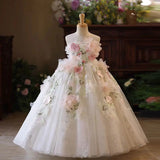 Luxury Floral Pink Flower Girl Dress Sleeveless Lace for Eid Princess Wedding Pageant Birthday Party Ball Gowns J197