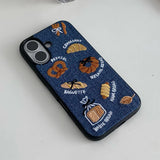 Retro Denim Embrpoidery Bread Toast Warm Fabric Phone Case For iPhone 16 15 14 13 Pro Max Lovely Back Cover