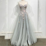 Gray Strapless Evening Gown Elegant Lace A Line Prom Dress Appliques Glitter Wedding Evening Dresses for Woman Customized