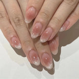 24Pcs Mid-length French Fake Nail with Silver Edge Design Round Head Almond False Nail Wearable Simple Finished Press on Nails
