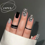 24Pcs Mid Long Pink Leopard Fake Nails with Bow Design Press on Nails Square Wearable French False Nail Full Cover Manicure Tips