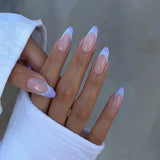 24Pcs Short Press on Nails with Almond Head Full Cover Silver Edge False Nails Nude Pink Glossy Artificial Nails for Girls Daily