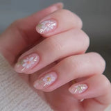 24Pcs Mid-length French Fake Nail with Silver Edge Design Round Head Almond False Nail Wearable Simple Finished Press on Nails