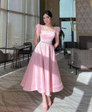 Pisoshare - Elegant Pink Feather Sleeveless Midi Evening Party Dress Princess Prom Gown with Beaded Waist Square Neck فساتين الحفلات