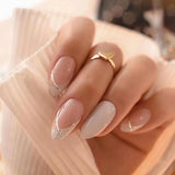 24Pcs Simple Almond Fake Nails with Green Leaves Design Elliptic Acrylic False Nails Wearable French Press on Nail Manicure Tips