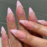 24Pcs Cat Eye Press on Nails with Almond Head Bow Diamond Stick on False Nail Sweet Pink French Full Cover Artificial Nails Tips