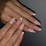24Pcs Simple French Nails Art Tips Fake Nails 3D Design Wearable Full Cover False Nail Mid-length Almond Reusable Press on Nails