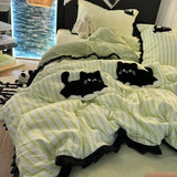 Korean Style Bedding Set Green Strip Black Cat Embroidery Washed Cotton  Duvet Cover Cute Cardboard  Bed linen Comforter Sets