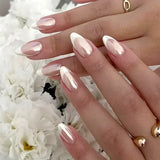 24Pcs Short Press on Nails with Almond Head Full Cover Silver Edge False Nails Nude Pink Glossy Artificial Nails for Girls Daily
