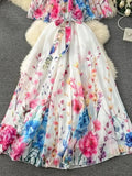 2024 Summer Gorgeous Flower Chiffon Holiday Dress Women's Sexy Off The Shoulder Flower Print Elastic Waist Pleated Maxi Robe