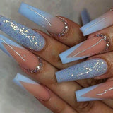 24Pcs Glitter Blue False Nails Long Ballet Fake Nails with Rhinestone Wearable French Press on Nails Wearable Nail Art Tips