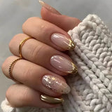 24Pcs Short Press on Nails with Almond Head Full Cover Silver Edge False Nails Nude Pink Glossy Artificial Nails for Girls Daily