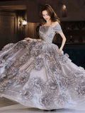 Grey Evening Dresses Flowers A-Line Off The Shoulder High-end Beading Long Wedding Bridesmaid Prom Dresses New 2024