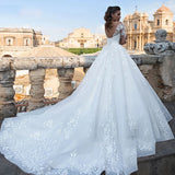 Elegant Wedding Dresses Illusion Long Sleeve White Ivory Applique Lace Lady V-Neck Bridal Gowns Princess Sexy Backless Robe