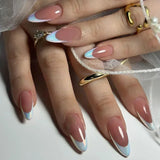 24Pcs Short Press on Nails with Almond Head Full Cover Silver Edge False Nails Nude Pink Glossy Artificial Nails for Girls Daily