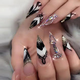 24Pcs French Almond False Nails Glitter with Rhinestones Wearable Fake Nails Artificial Simple Full Cover Press on Nails Tips
