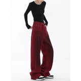 Fashion Vintage Red Straight Jeans Casual High Waist High Street Style Pants Korean Women's Wide Leg Baggy Y2K Denim Trouser