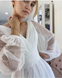 Long Puff Sleeve Tulle A-Line For Women Customize To measures Bridal Gowns Lace Appliques Robe De Mariee White Side Slit Women