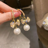 New Trend Simulation Pearl Long Earrings Women's Flower Rhinestone Wedding Pendant Earrings Fashion Korean Jewelry Earrings