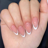 24Pcs Short Press on Nails with Almond Head Full Cover Silver Edge False Nails Nude Pink Glossy Artificial Nails for Girls Daily