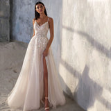 Spaghetti Strap Wedding Dress A-Line Sleeveless Side Slit Lace Appliques Backless Custom Made To Measures Robe De Mariee Beach