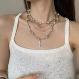 Multi Layer Imitation Pearl Cross Necklace Sweet Female Necklace High-End Light Luxury Collarbone Chain Fashionable Jewelry