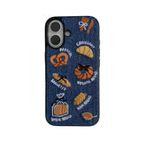 Retro Denim Embrpoidery Bread Toast Warm Fabric Phone Case For iPhone 16 15 14 13 Pro Max Lovely Back Cover