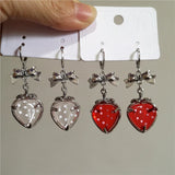 Girls Cute Strawberry Drop Earrings Green Leaves White Flower Red Berry Crystal Stone Earrings ForSummer Jewelry Gift