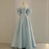 Elegant A-line Sky Blue Off Shoulder Formal Evening Dresses Long Luxury Prom Gown with Bow for Women Wedding Guest 2023