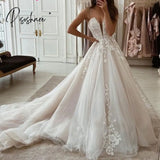 A-Line Boho Wedding Dress V-Neck Straps Appliqued Lace Bridal Gowns Elegant Long Train Tulle Beach