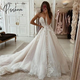 A-Line Boho Wedding Dress V-Neck Straps Appliqued Lace Bridal Gowns Elegant Long Train Tulle Beach