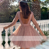 A-Line Short Prom Dresses Scoop Neck Long Sleeves Shiny Homecoming Backless Knee Length Gowns